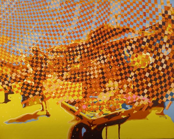 Franck Asso, Marché de Friperie, 2022, Acrylic and weaving on canvas, 80x100cm Janet Rady Fine Art