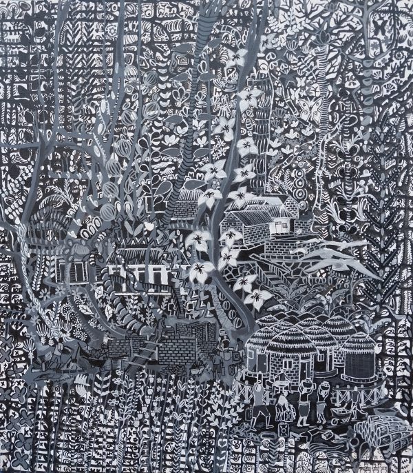 Muramuzi JohnBosco, Village of Flowers, 2022, Acrylic on canvas, 80x70cm Janet Rady Fine Art