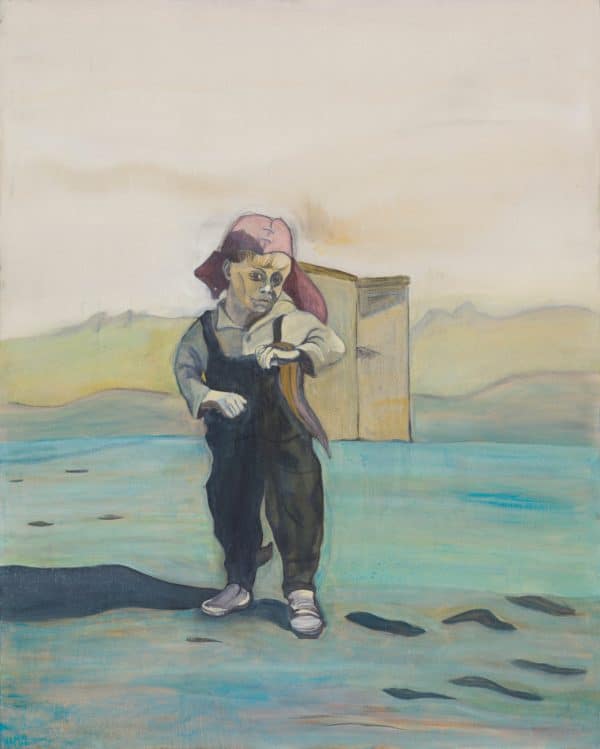 Huddie Hamper, Boy In Dungarees, 2022, Oil and charcoal on linen, 150x120cm Janet Rady Fine Art